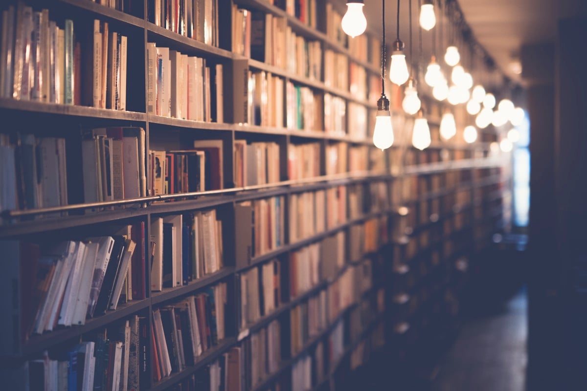 Library shelves with warm afternoon light